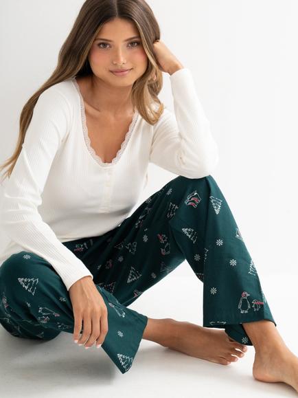 Pour Moi Rib Jersey Lace Trim Henley Top and Trouser Pyjama Set, Forest/Cream, Forest/Cream