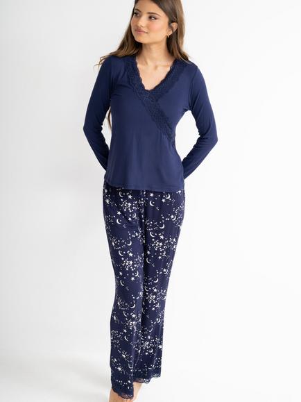 Pour Moi Sofa Loves Lace Long Sleeve Pyjama Set, Navy/Cream, Navy/Cream