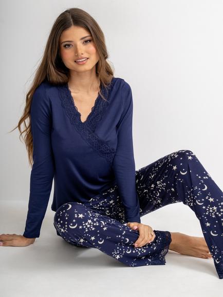 Pour Moi Sofa Loves Lace Long Sleeve Pyjama Set, Navy/Cream - view 2, Navy/Cream
