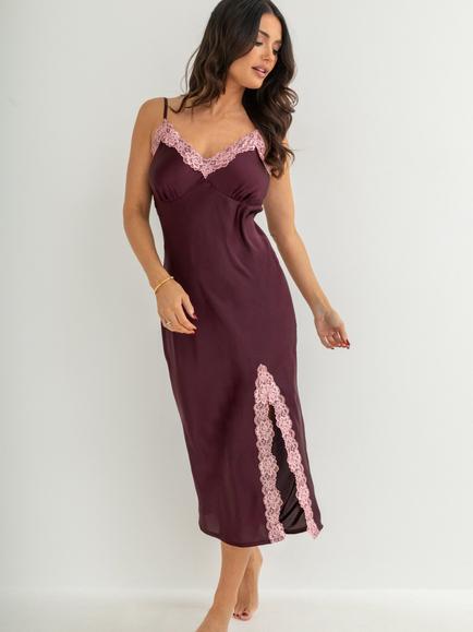 Pour Moi Dusk Satin & Lace Midi Chemise, Wine, Wine