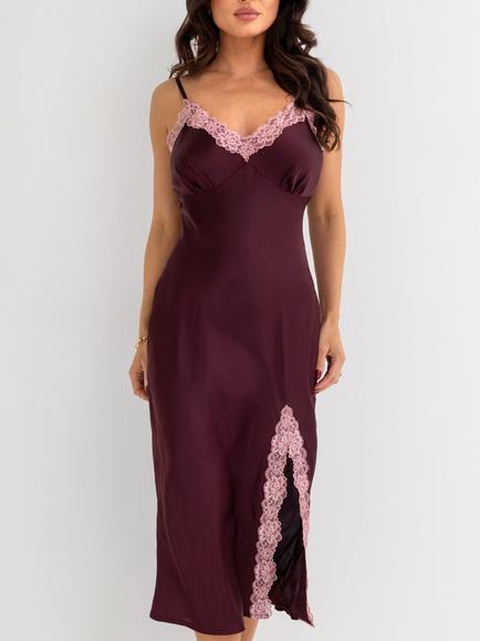 Pour Moi Dusk Satin & Lace Midi Chemise, Wine - view 2, Wine