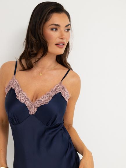 Pour Moi Dusk Satin & Lace Midi Chemise, Navy/Mink - view 2, Navy/Mink