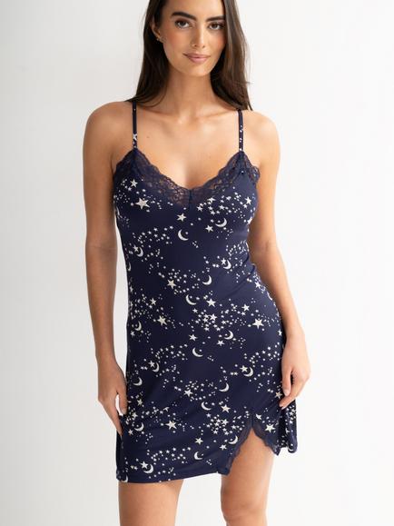 Pour Moi Sofa Loves Lace Hidden Support Soft Jersey Split Chemise, Navy/Cream, Navy/Cream