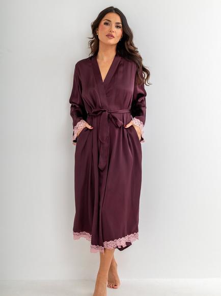 Pour Moi Dusk Satin & Lace Kimono Sleeve Dressing Gown, Wine, Wine