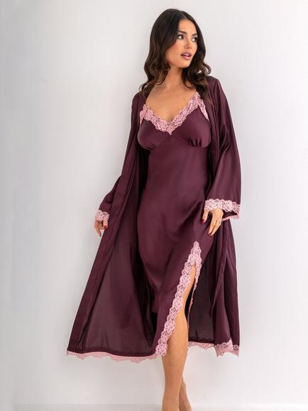 Pour Moi Dusk Satin & Lace Kimono Sleeve Dressing Gown, Wine - view 2, Wine
