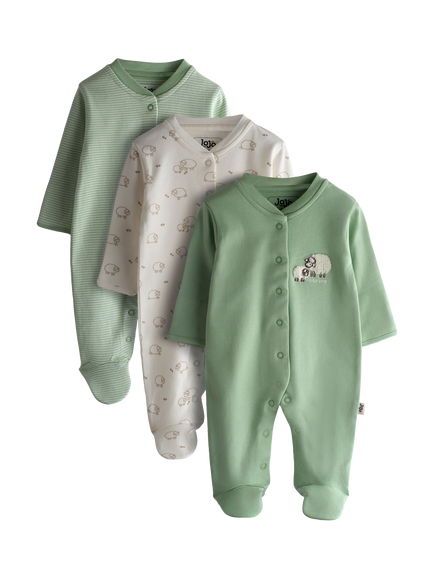 JoJo Maman Bébé Baby Little Lamb Sleepsuits, Pack of 3, Green, Green