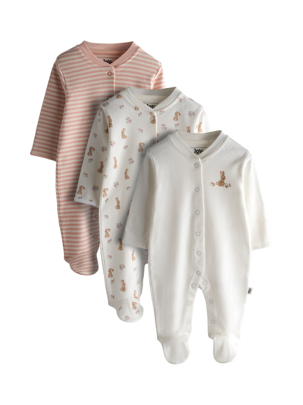 JoJo Maman Bébé Baby Bunny Sleepsuits, Pack of 3, Pink, Pink