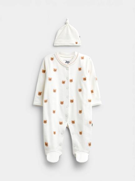 JoJo Maman Bébé Baby Bear Print Sleepsuit and Hat Set, Cream, Cream