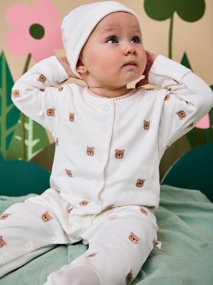 JoJo Maman Bébé Baby Bear Print Sleepsuit and Hat Set, Cream - view 2, Cream