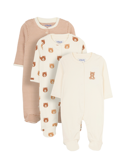 JoJo Maman Bébé Baby Bear Sleepsuits, Pack of 3, Natural, Natural