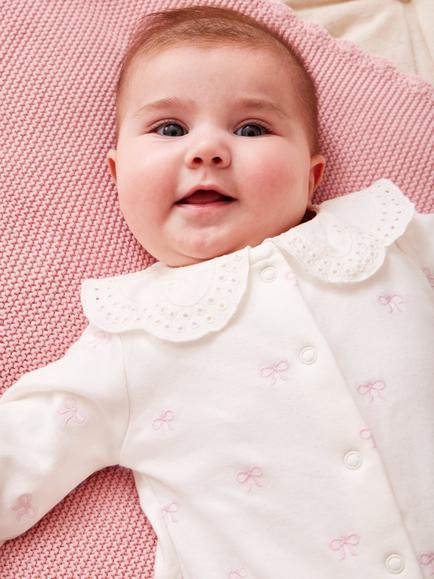 JoJo Maman Bébé Baby Bow Embroidered Sleepsuit, Cream - view 2, Cream