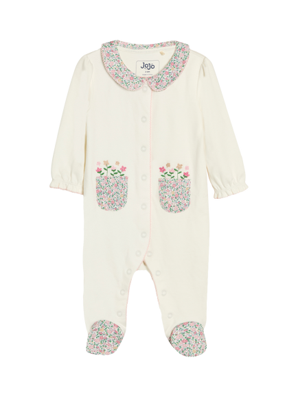 JoJo Maman Bébé Baby Floral Embroidered Collar Sleepsuit, Cream, Cream