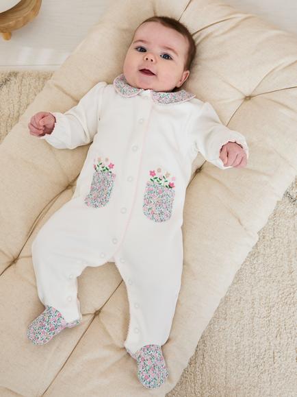 JoJo Maman Bébé Baby Floral Embroidered Collar Sleepsuit, Cream - view 2, Cream