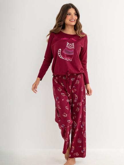Pour Moi Cotton Long Sleeve Wide Leg Trouser Pyjama Set, Berry, Berry