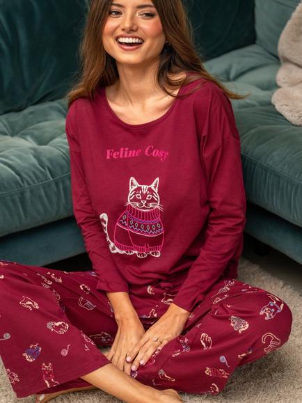 Pour Moi Cotton Long Sleeve Wide Leg Trouser Pyjama Set, Berry - view 2, Berry