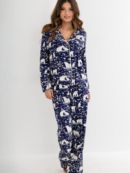 Pour Moi Printed Cotton Revere Pyjama Set, Navy/Cream, Navy/Cream