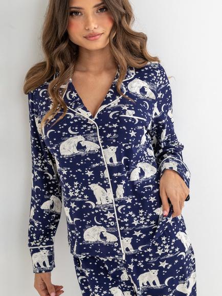 Pour Moi Printed Cotton Revere Pyjama Set, Navy/Cream - view 2, Navy/Cream