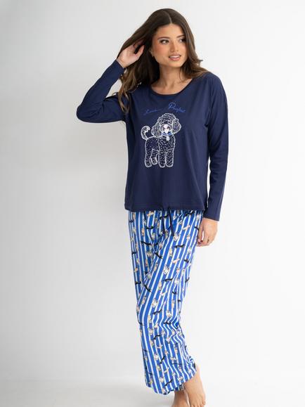 Pour Moi Cotton Long Sleeve Wide Leg Trouser Pyjama Set, Navy/Blue, Navy/Blue