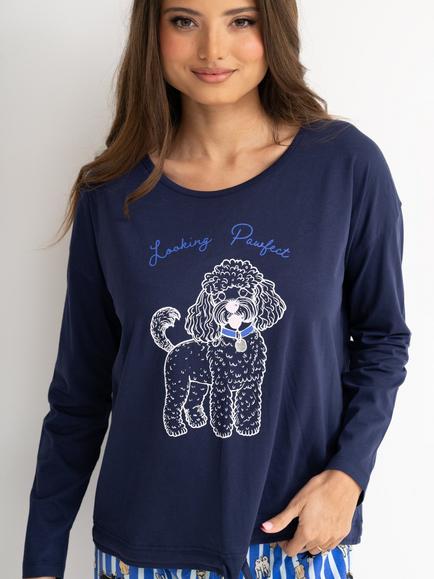 Pour Moi Cotton Long Sleeve Wide Leg Trouser Pyjama Set, Navy/Blue - view 2, Navy/Blue