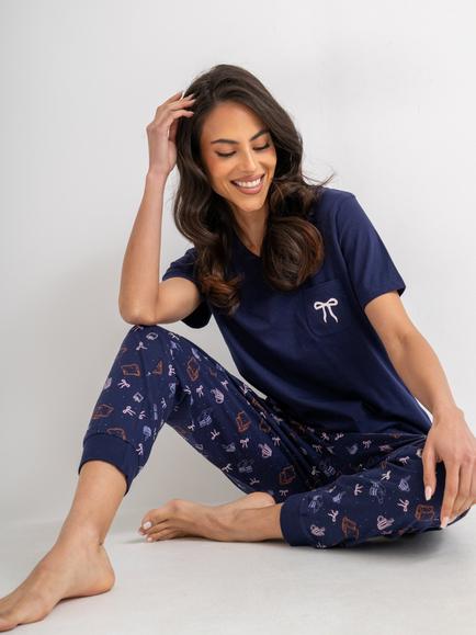 Pour Moi Jersey Cotton Short Sleeve Pyjama Set, Navy/Multi, Navy/Multi