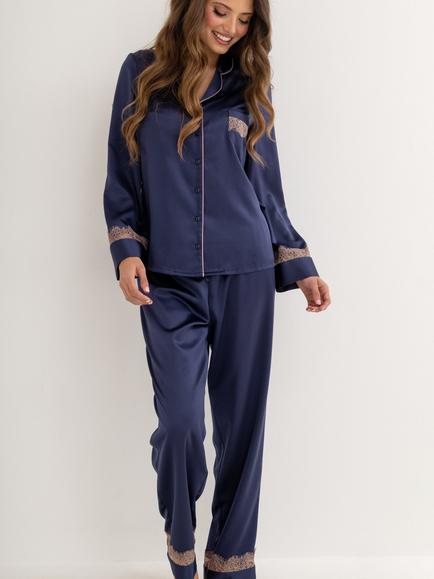 Pour Moi Dusk Satin & Lace Revere Collar Pyjama Set, Navy/Mink, Navy/Mink