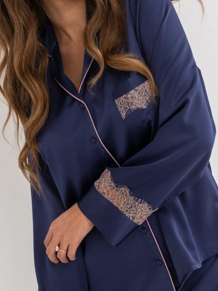 Pour Moi Dusk Satin & Lace Revere Collar Pyjama Set, Navy/Mink - view 2, Navy/Mink