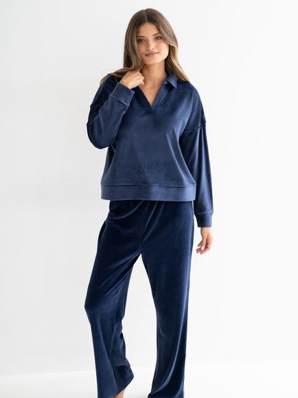 Pour Moi Cosy Fleece Collared Sweatshirt Ribbed Wide Leg Pyjama Set, Navy, Navy
