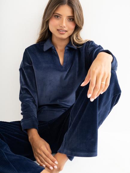 Pour Moi Cosy Fleece Collared Sweatshirt Ribbed Wide Leg Pyjama Set, Navy - view 2, Navy