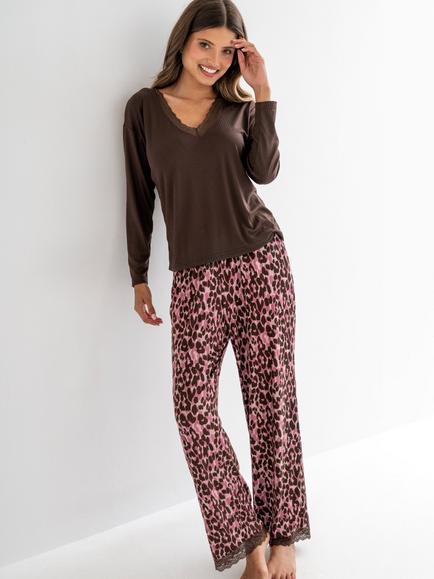 Pour Moi Brushed Rib Lace Trim V-Neck Lounge Pyjama Set, Pink/Chocolate, Pink/Chocolate