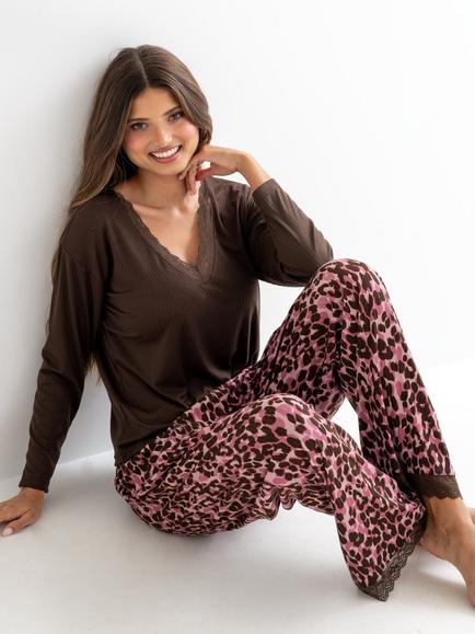 Pour Moi Brushed Rib Lace Trim V-Neck Lounge Pyjama Set, Pink/Chocolate - view 2, Pink/Chocolate