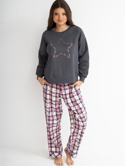 Pour Moi Logo Sweatshirt Cosy Check Pyjama Set, Charcoal/Pink/Navy, Charcoal/Pink/Navy