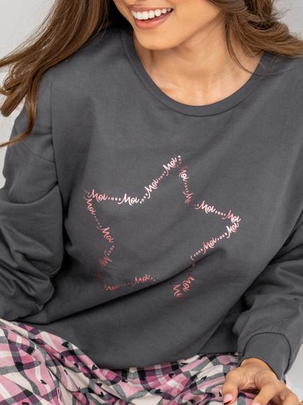 Pour Moi Logo Sweatshirt Cosy Check Pyjama Set, Charcoal/Pink/Navy - view 2, Charcoal/Pink/Navy