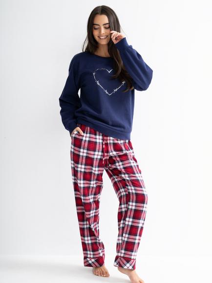 Pour Moi Logo Sweatshirt Cosy Check Pyjama Set, Navy/Red/White, Navy/Red/White