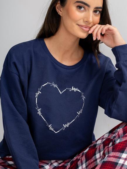 Pour Moi Logo Sweatshirt Cosy Check Pyjama Set, Navy/Red/White - view 2, Navy/Red/White