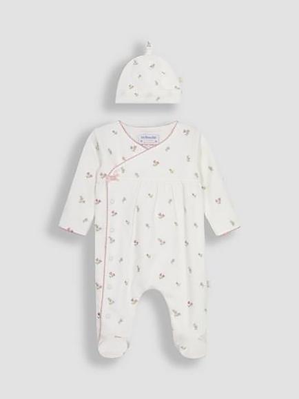 JoJo Maman Bébé Baby Floral Sleepsuit and Hat, Cream, Cream