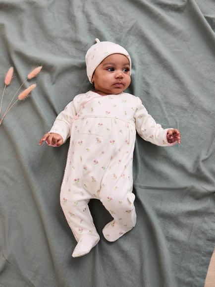 JoJo Maman Bébé Baby Floral Sleepsuit and Hat, Cream - view 2, Cream