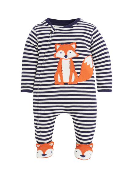 JoJo Maman Bébé Baby Fox Zip Up Sleepsuit, Navy Ecru Stripe, Navy Ecru Stripe