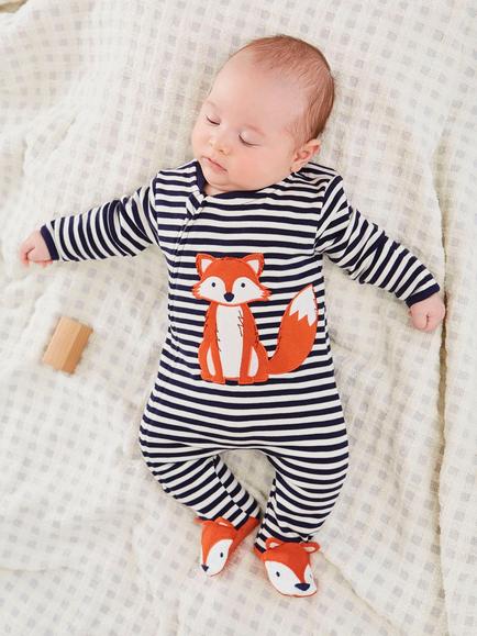 JoJo Maman Bébé Baby Fox Zip Up Sleepsuit, Navy Ecru Stripe - view 2, Navy Ecru Stripe