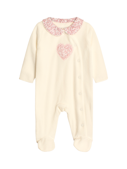 JoJo Maman Bébé Baby Heart Velour Sleepsuit, White, White