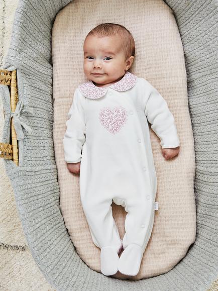 JoJo Maman Bébé Baby Heart Velour Sleepsuit, White - view 2, White