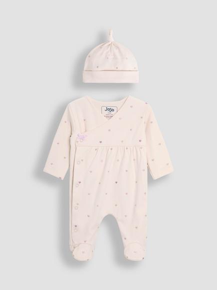 JoJo Maman Bébé Baby Cotton 2-Piece Embroidered Sleepsuit and Hat Set, Cream, Cream