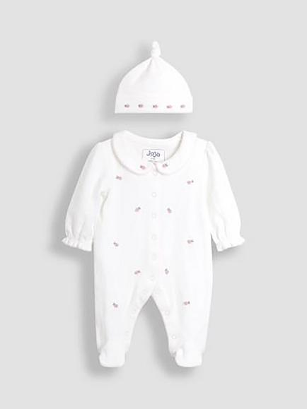 JoJo Maman Bébé Baby Embroidered Sleepsuit and Hat Set, Cream, Cream