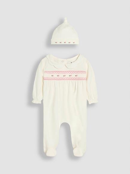 JoJo Maman Bébé Baby Cotton 2-Piece Smocked Sleepsuit and Hat Set, Cream, Cream