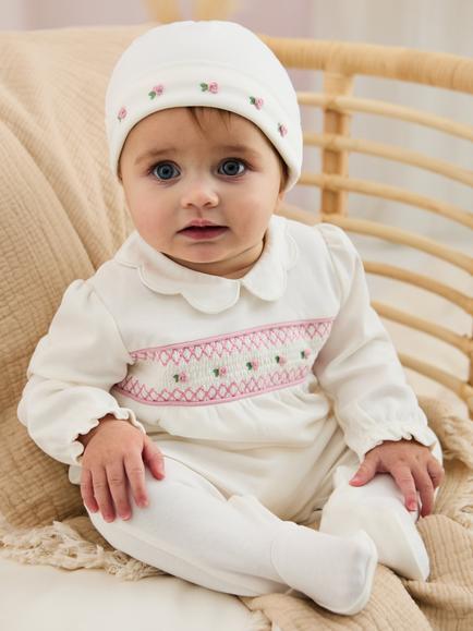 JoJo Maman Bébé Baby Cotton 2-Piece Smocked Sleepsuit and Hat Set, Cream - view 2, Cream