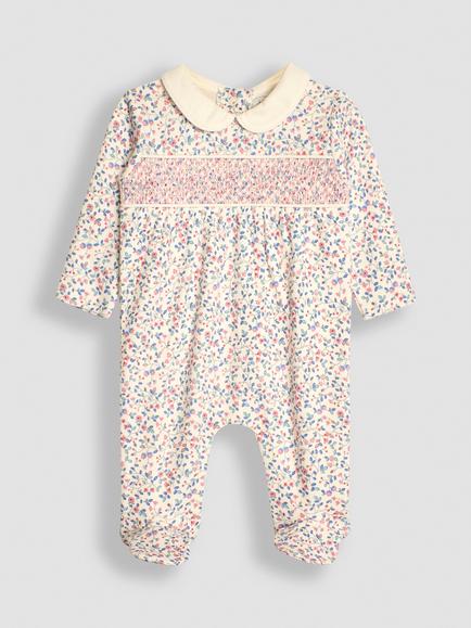 JoJo Maman Bébé Baby Ditsy Floral Smocked Sleepsuit, Cream, Cream