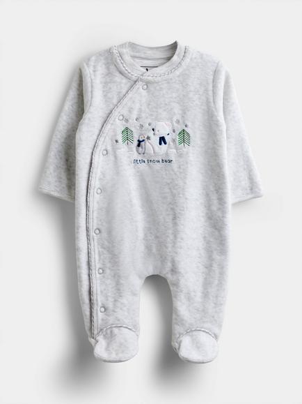 JoJo Maman Bébé Baby Velour Snow Bear Sleepsuit, Grey, Grey