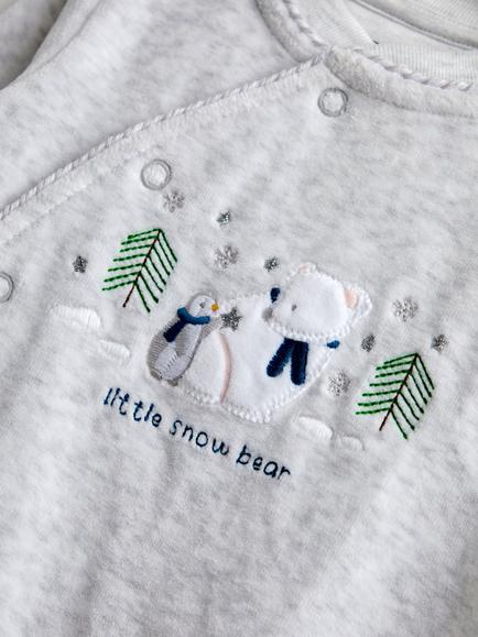 JoJo Maman Bébé Baby Velour Snow Bear Sleepsuit, Grey - view 2, Grey