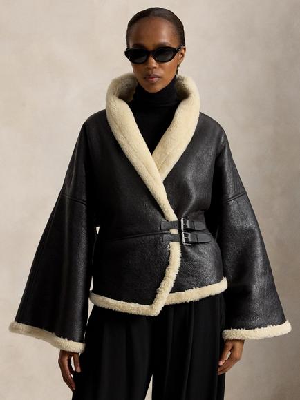 Polo Ralph Lauren Leather Shearling Coat, Black/Cream, Black/Cream
