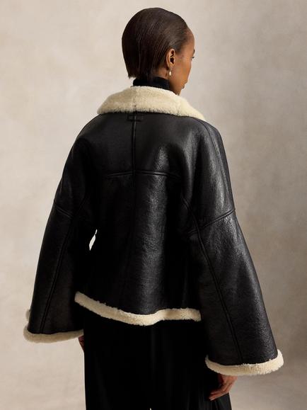 Polo Ralph Lauren Leather Shearling Coat, Black/Cream - view 2, Black/Cream