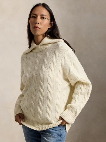 Polo Ralph Lauren Wool Rich with Cashmere Sailor Collar Cable Knit Jumper, Authentic Cream, Authentic Cream